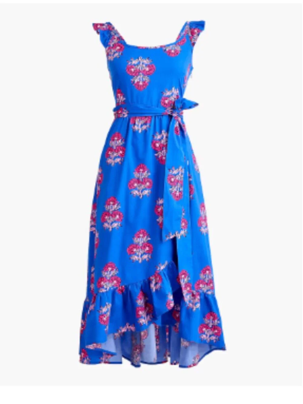 Women's Blue Floral Midi Dress Ruffle Strap Tie Waist Hi-Low Hem Sleeveless - 8